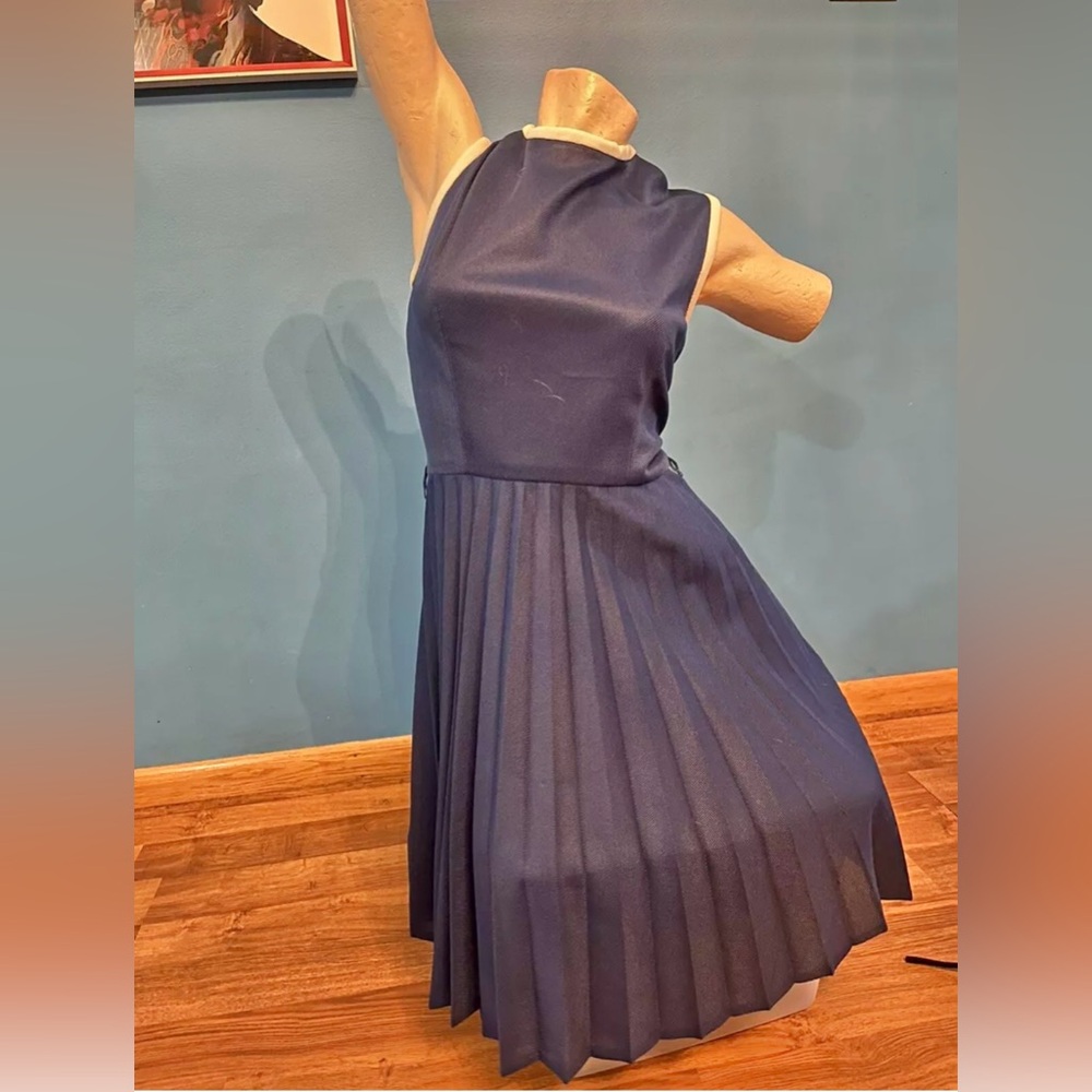 Vintage 1960s tennis dress Sleeveless Blue W/ White Trim Mesh Top Pleated Skirt
